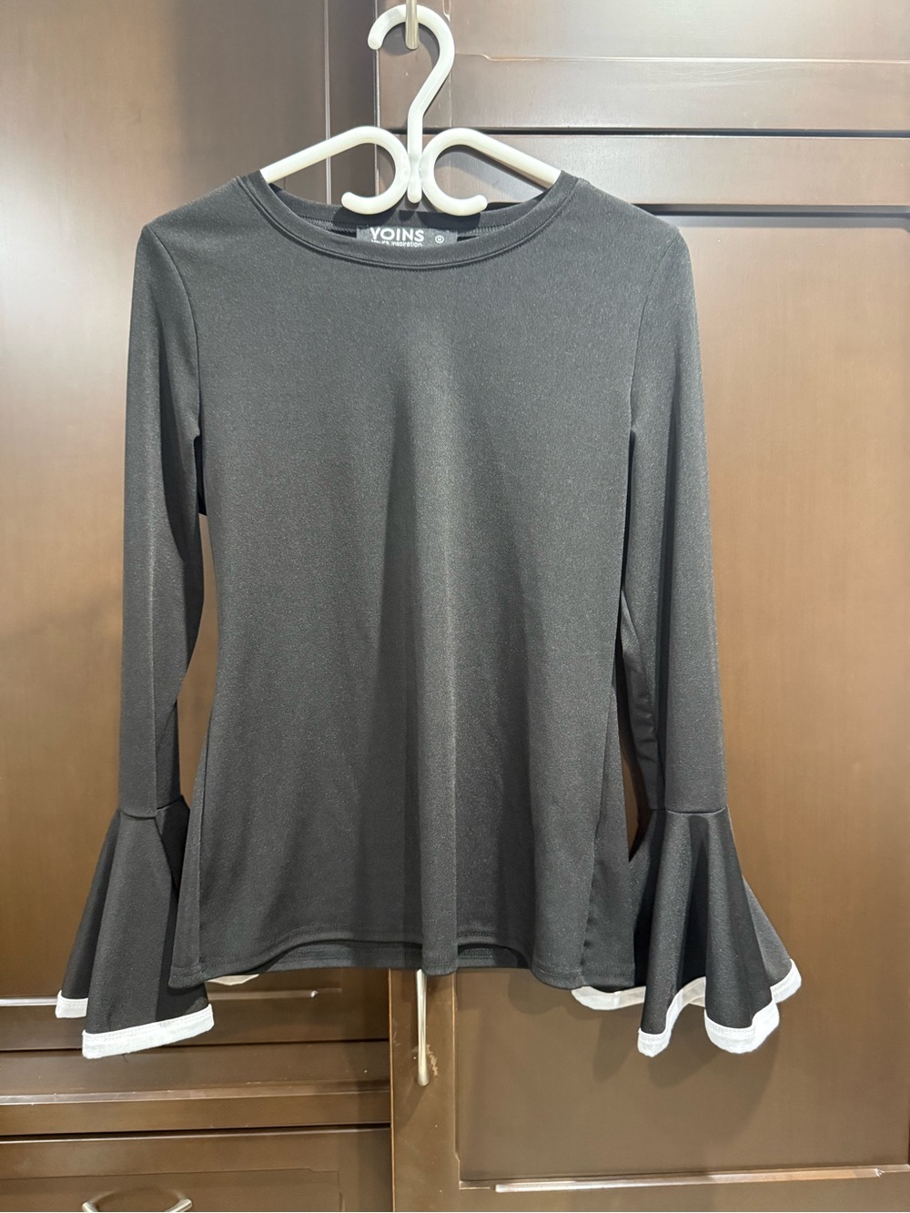 YOINS Black Long-Sleeve Top with White-Trim Flared Cuffs